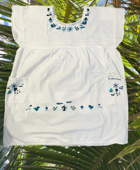 XL Blues Traditional Embroidered Dress from El Salvador-Vestido