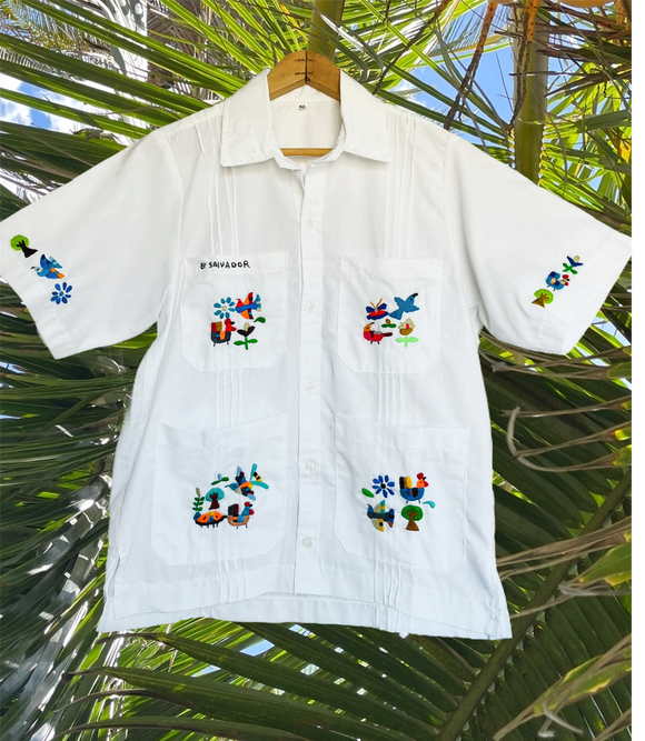 SMALL Guayabera Style Traditional Embroidered Dress from El Salvador-Guayabera