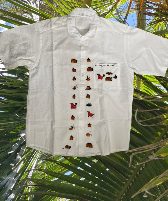 MEDIUM Monochrome CAFES Traditional Embroidered Shirt from El Salvador-Camisa