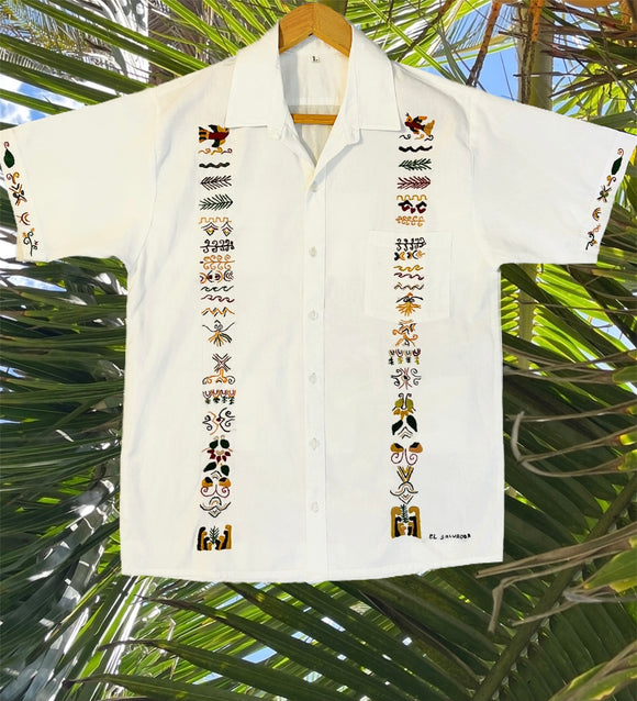 LARGE Guayabera CAFE TONES Traditional Embroidered Shirt from El Salvador-Guayabera